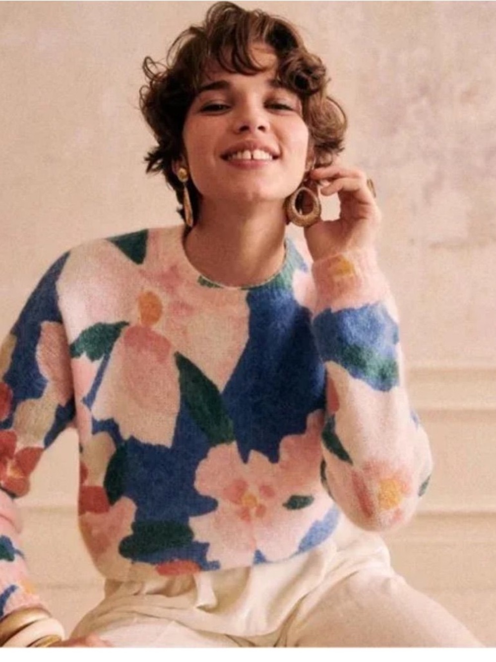 Sezane “Annie” Mohair Floral Crewneck Sweater - Blue, Pink, Green